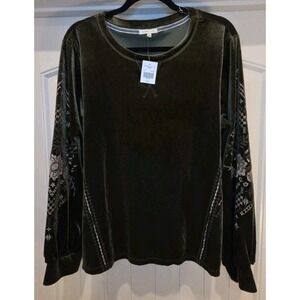 Kate & Sam Moss Green Velvet Top Long Floral Embroidered Balloon Sleeve Boho XL